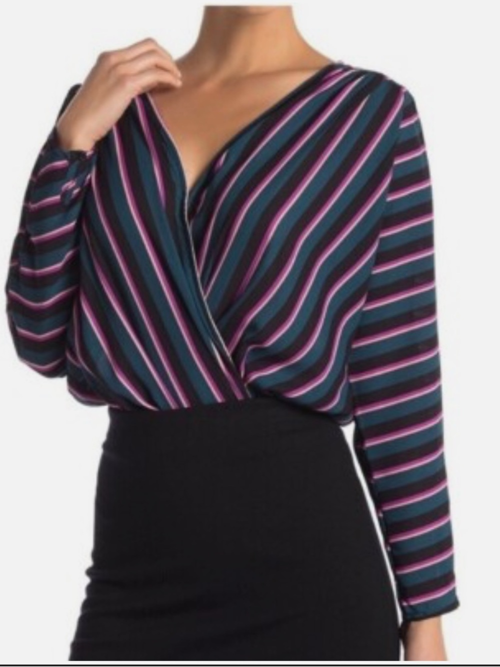 ASTR The Label Striped Surplice V-Neck Long Sleeve Bodysuit Size M NWOT